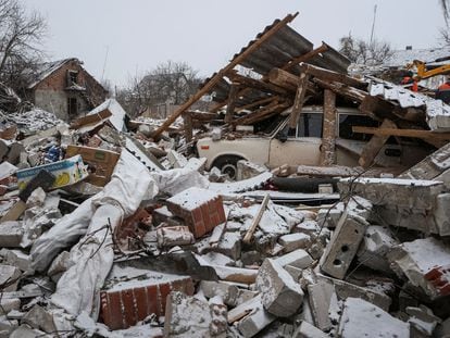 A view shows a house destroyed in a Russian missile strike in the town of Zmiiv, amid Russia's attack on Ukraine, in Kharkiv region, Ukraine, January 8, 2024.