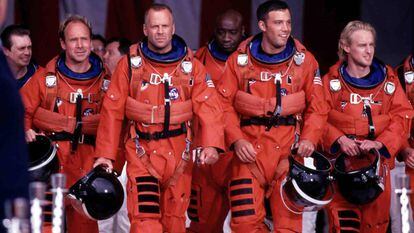 From left to right: Steve Buscemi, Will Patton, Bruce Willis, Michael Clarke Duncan, Ben Affleck and Owen Wilson – the highly-trusted men who represent humanity's last hope in the 1998 film Armageddon.