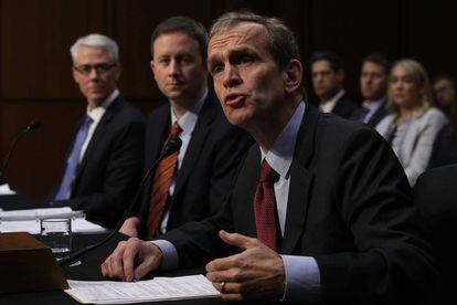 Testifying before the Senate Intelligence Committee, from left to right: Vice-president and legal representative for Facebook, Colin Stretch; Twitter representative, Sean Edgett; and Google representative, Kent Walker.