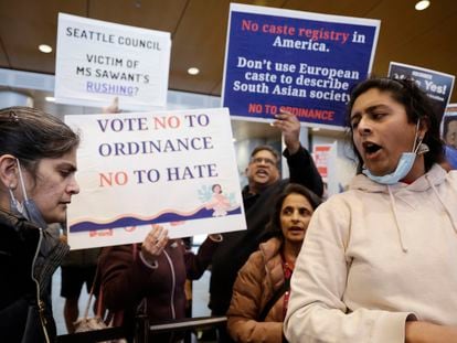 Supporters and opponents of a proposed ordinance to add caste to Seattle's anti-discrimination laws attempt to out voice each other during a rally at Seattle City Hall, Tuesday, Feb. 21, 2023, in Seattle.