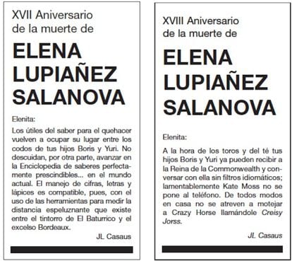 18th Anniversary of the death of Elena Lupiáñez Salanova  Elenita:  At bullfighting and teatime, your sons Boris and Yuri could now receive the Queen of the Commonwealth and talk to her without a language barrier; unfortunately, Kate Moss doesn’t answer the phone. In any case, they haven’t dared to give Crazy Horse a nickname in this house, calling it Creisy Jorss.