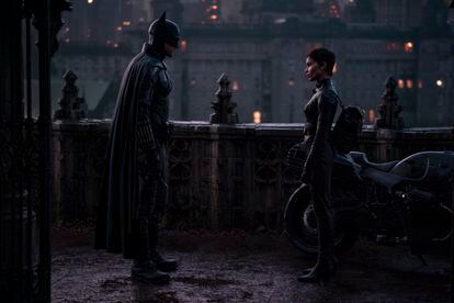 Robert Pattinson and Zoe Kravitz in a scene from 'The Batman'