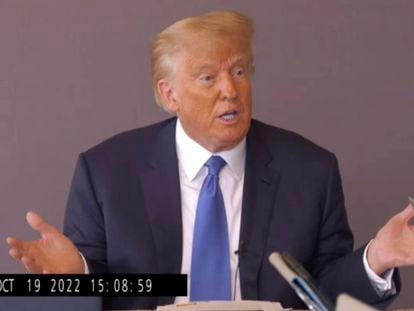 In this image taken from video released by Kaplan Hecker & Fink, former President Donald answers questions during his October 19, 2022, deposition for his trial against writer E. Jean Carroll.