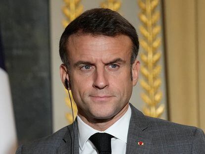 French President Emmanuel Macron, Wednesday, at the Elysee Palace in Paris, France. Dec. 20, 2023.