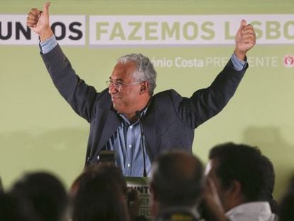 Lisbon Mayor Ant&oacute;nio Costa waves to supporters after winning a third term. 