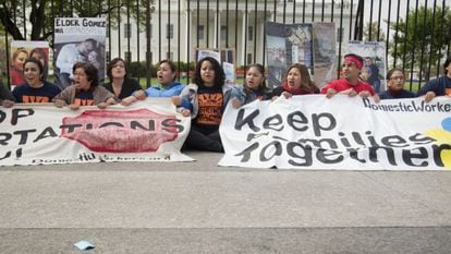 Demonstrators hold a protest in front of the White House against the deportations.