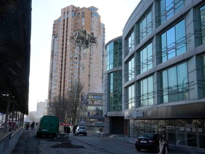 An apartment building damaged following a rocket attack on the city of Kyiv, on Saturday.