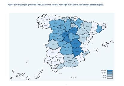 A map showing the prevalence of citizens with coronavirus antibodies in Spain, according to the last wave of a three-part survey.