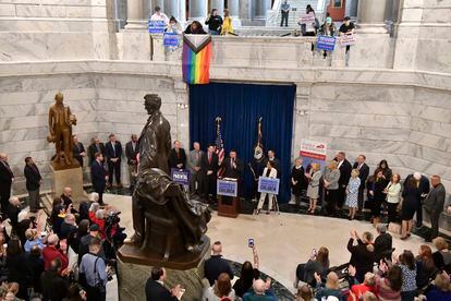 Supporters of Senate bill 150, known as the Transgender Health Bill gather in the Rotunda of the Kentucky State Capitol