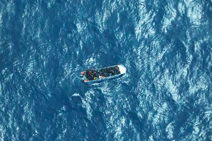 Boat carrying a group of migrants in distress in the Southern Mediterranean Sea, on March 11, 2023