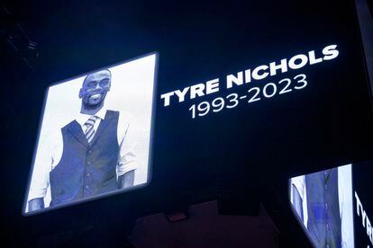 The screen at the Smoothie King Center in New Orleans honors Tyre Nichols before an NBA basketball game between the New Orleans Pelicans and the Washington Wizards, Jan. 28, 2023.