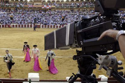 Bullfighters in front of the cameras at Valladolid on Wednesday. 