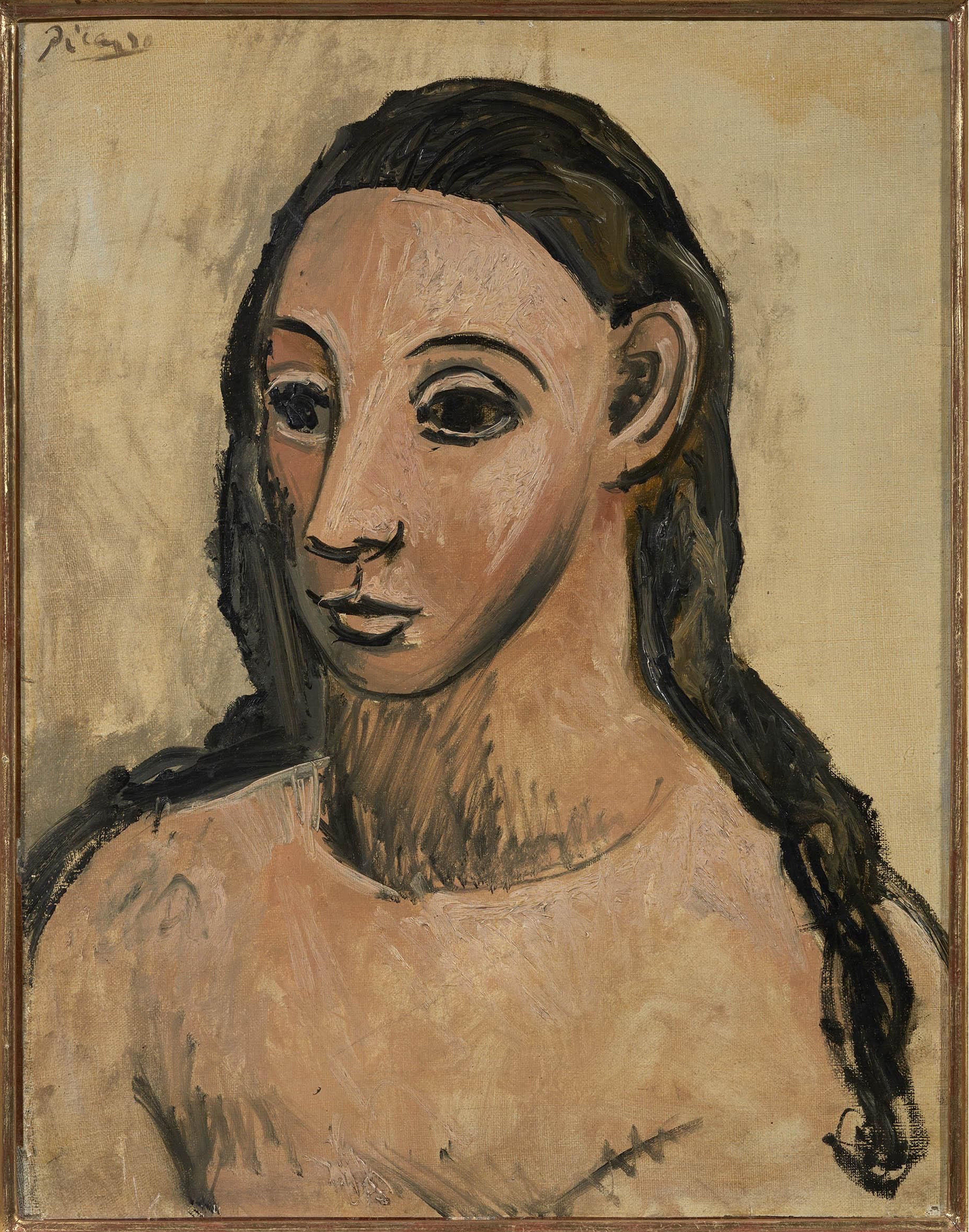 The oil painting, Head of a Young Woman (1906), by Pablo Picasso. 