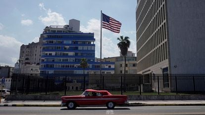 A vintage car drives past the US Embassy in Havana on November 10, 2021.