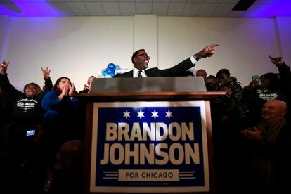 Chicago mayoral candidate Cook County Commissioner Brandon Johnson celebrates with supporters Tuesday.