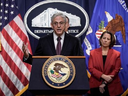 Attorney General Merrick Garland speaks during a news conference at the U.S. Department of Justice headquarters, on April 14, 2023.