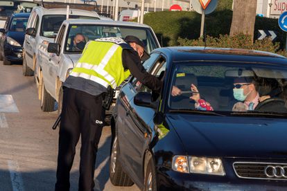 Police checkpoint in Manacor in Mallorca, after the Balearic Island’s introduced a perimetral lockdown of the municipality.