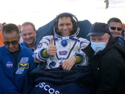 International Space Station crew member and NASA astronaut Frank Rubio is carried by specialists after landing in the Soyuz MS-23 space capsule in a remote area in Kazakhstan, on Sept. 27, 2023.