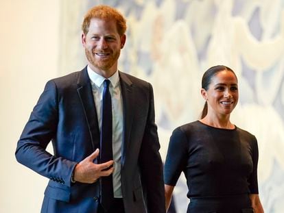 Prince Harry and Meghan Markle arrive at United Nations headquarters, Monday, July 18, 2022.