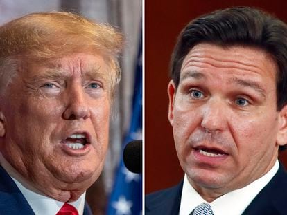 This combination of the photos shows former President Donald Trump, left, and Florida Gov. Ron DeSantis, right.