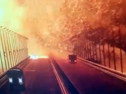 The moment when a Security Services of Ukraine truck bomb explodes on the Kerch Bridge, on October 8, 2022.