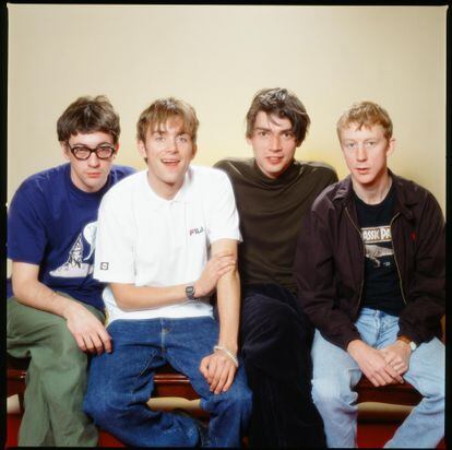 The group Blur photographed in the fall of 1995. Graham Coxon, Damon Albarn, Alex James, Dave Rowntree