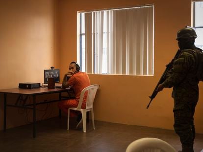 A prisoner attends a virtual hearing at Ecuador’s Cotopaxi prison on February 22, 2024.