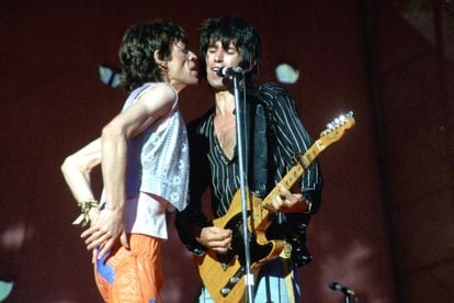 Mick Jagger and Keith Richards perform with The Rolling Stones in a concert circa 1980.