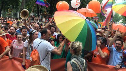The protest against Ciudadanos group at the Madrid Gay Pride march (Spanish narration).