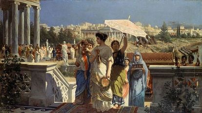 A painting of a Roman patrician visiting historic monuments.