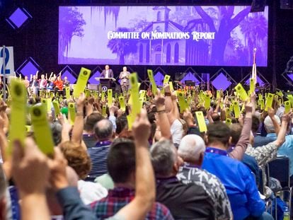 Delegates vote at the Southern Baptist Convention at the New Orleans Ernest N. Morial Convention Center in New Orleans, on June 13, 2023.