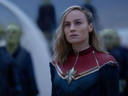Brie Larson as Captain Marvel, one of the three protagonists of 'The Marvels' (2023) in a still from the movie.