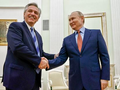 Argentine President Alberto Fernández greets Russian leader Vladimir Putin during a visit to Moscow on February 3.