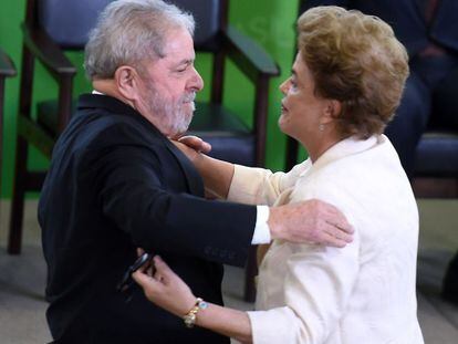 Lula embraces Rousseff at his swearing-in ceremony on Thursday.