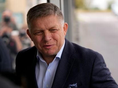 Chairman of SMER-Social Democracy party Robert Fico arrives at his party's headquarters day after an early parliamentary election in Bratislava, Slovakia, Sunday, Oct. 1, 2023. (AP Photo/Darko Bandic)