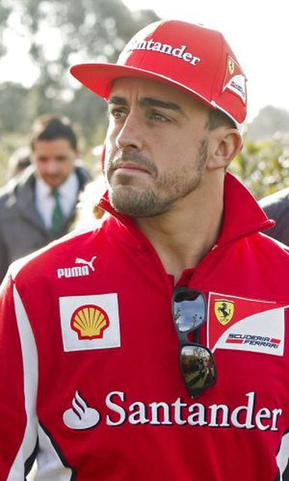 Fernando Alonso at a promotional event at the Madrid headquarters of  Banco Santander.