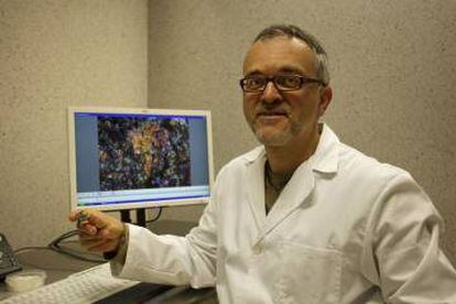 Josep Maria Trigo holds up the fragment of meteorite analyzed by the team.
