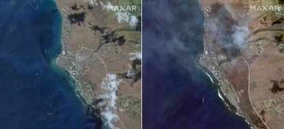This combination of satellite images provided by Maxar Technologies shows an overview of Lahaina on Maui, Hawaii, on June 25, 2023, left, and an overview of the same area on Wednesday, Aug. 9, following a wildfire that tore through the heart of the Hawaiian island. 