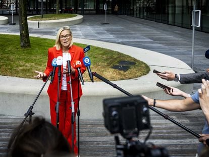 D66 party leader Sigrid Kaag announces that she is leaving politics in The Hague, the Netherlands, on July 13, 2023.