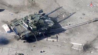 A view shows what Russian Defence Ministry says is a destroyed tank of Ukraine-based armed groups after an attempted incursion into Russian territory at a border crossing between Russia and Ukraine near the village of Nekhoteevka in the Belgorod Region, Russia, in this still image taken from video released March 12, 2024.