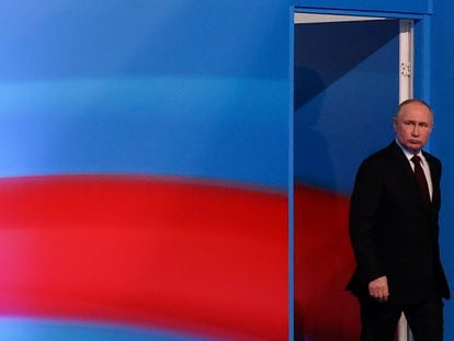 Russian President Vladimir Putin arrives to speak after polling stations closed on the final day of the presidential election, in Moscow, Russia, March 17, 2024.