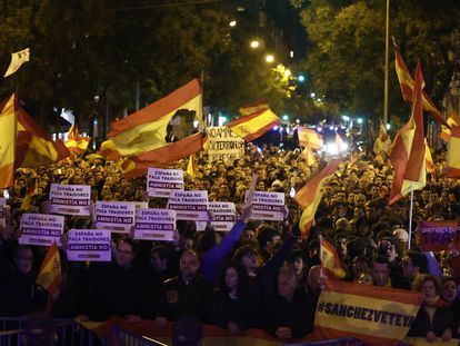 Demonstrators protesting outside PSOE headquarters on Ferraz Street in Madrid on Thursday.