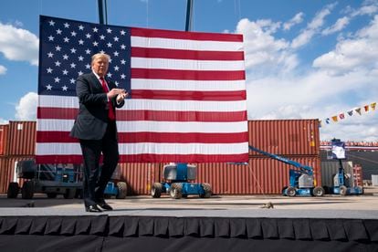 President Donald Trump arrives to speak in Marinette, Wisconsin on June 25.