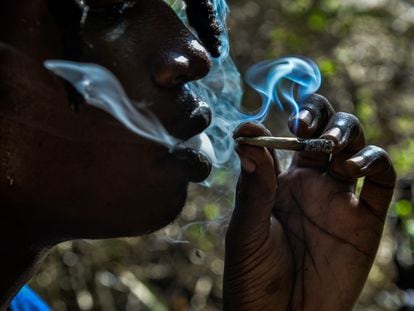 A person smokes a joint in a forest in Kenya.