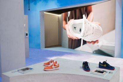 Nike shoes designed by Virgil Abloh for Louis Vuitton, in the New York exhibition, May 2022.