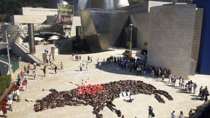 Animal rights activists protest against bullfighting in front of the Guggenheim Bilbao in 2010.
