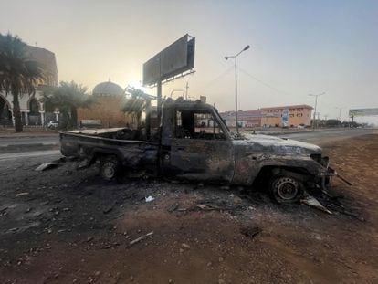A burned vehicle is seen in Khartoum, Sudan April 26, 2023.