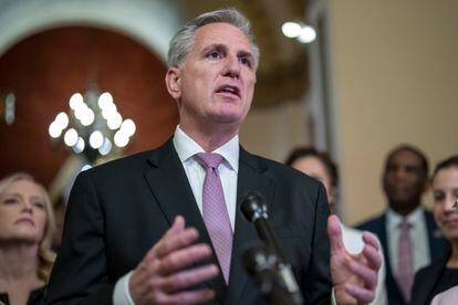 House Speaker Kevin McCarthy talks to reporters at the Capitol in Washington, March 24, 2023.