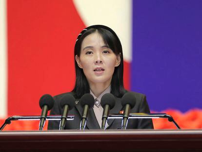 This photo provided by the North Korean government, Kim Yo Jong, sister of North Korean leader Kim Jong Un, delivers a speech during a national meeting against the coronavirus, in Pyongyang, North Korea, Aug. 10, 2022.