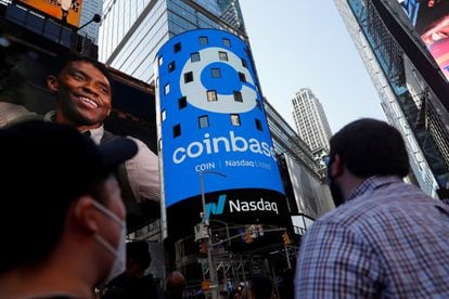 A Coinbase ad in Times Square in New York.